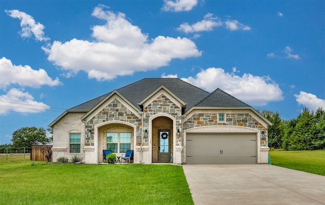 french provincial home featuring a garage, concrete driveway, brick siding, and a front lawn