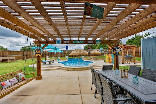 view of patio with outdoor dining area, a playground, a fenced backyard, a community pool, and a pergola