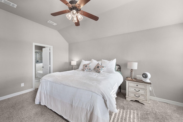 carpeted bedroom featuring lofted ceiling, visible vents, ceiling fan, and baseboards