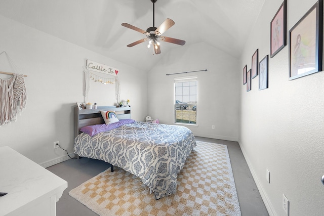 bedroom featuring vaulted ceiling, baseboards, and ceiling fan