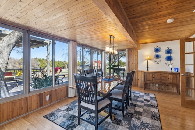 sunroom / solarium featuring wood ceiling and beam ceiling