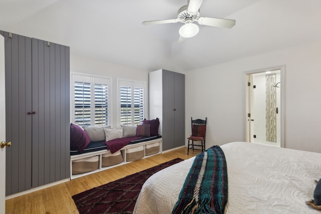 bedroom featuring a ceiling fan and wood finished floors