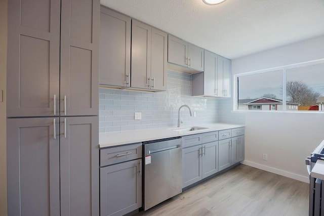 kitchen with light wood-type flooring, appliances with stainless steel finishes, gray cabinets, and a sink