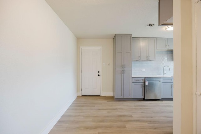 kitchen with gray cabinets, visible vents, light wood-style flooring, decorative backsplash, and dishwasher