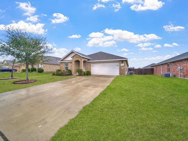 ranch-style home with brick siding, a front yard, fence, a garage, and driveway