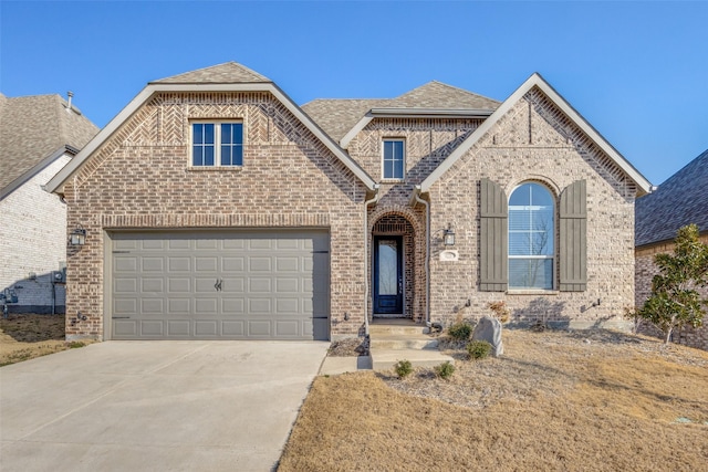 french country style house with driveway, brick siding, and a shingled roof