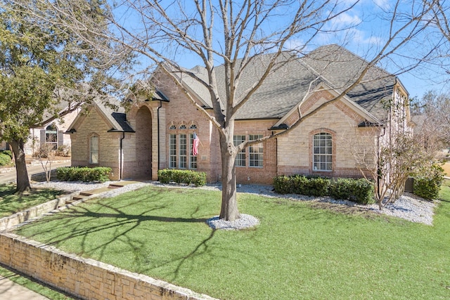 french country inspired facade featuring roof with shingles, a front lawn, and brick siding