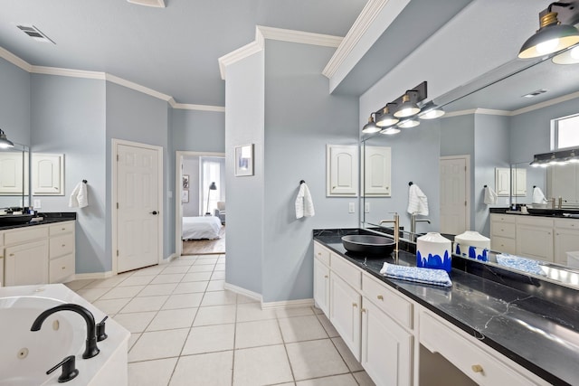 full bathroom featuring tile patterned flooring, a sink, visible vents, and crown molding