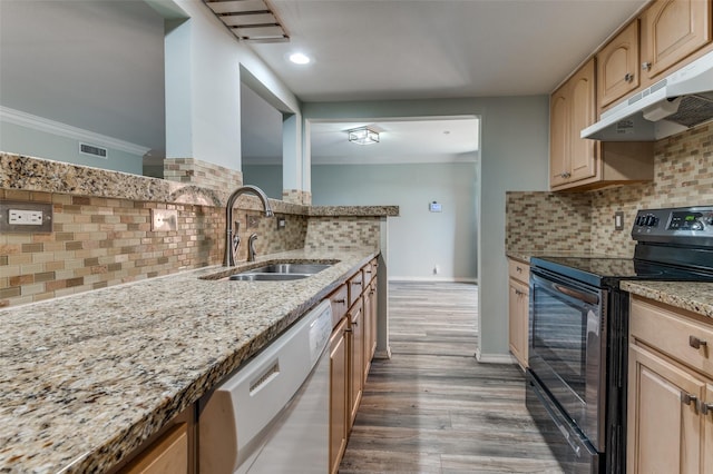 kitchen with dishwasher, black electric range oven, light stone countertops, under cabinet range hood, and a sink