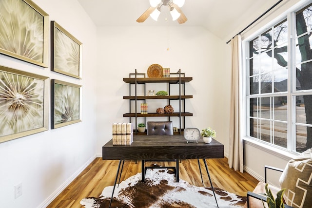 office featuring lofted ceiling, plenty of natural light, and wood finished floors