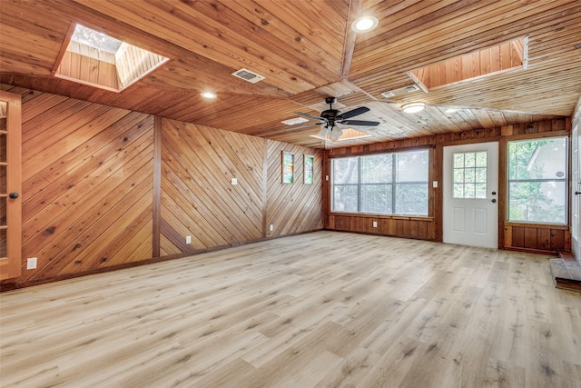 empty room featuring wood walls, a skylight, wood finished floors, wood ceiling, and visible vents