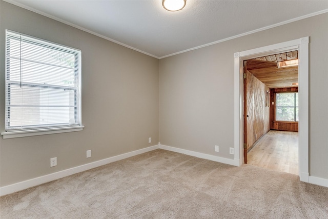 unfurnished room with light colored carpet, crown molding, and baseboards