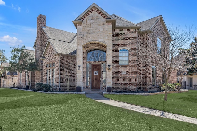 french country style house featuring a front lawn, brick siding, and a chimney