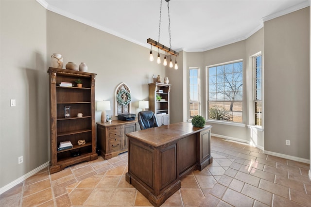 home office featuring crown molding and baseboards