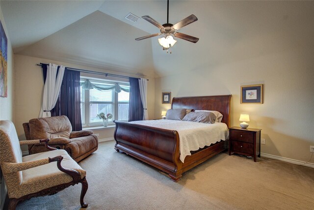 bedroom with ceiling fan, high vaulted ceiling, light colored carpet, visible vents, and baseboards