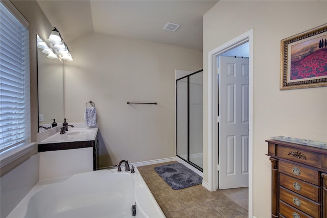 bathroom featuring visible vents, a garden tub, tile patterned flooring, vanity, and a shower stall