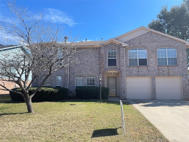 traditional home featuring concrete driveway, brick siding, an attached garage, and a front lawn