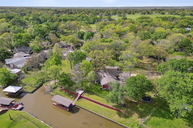 bird's eye view with a wooded view