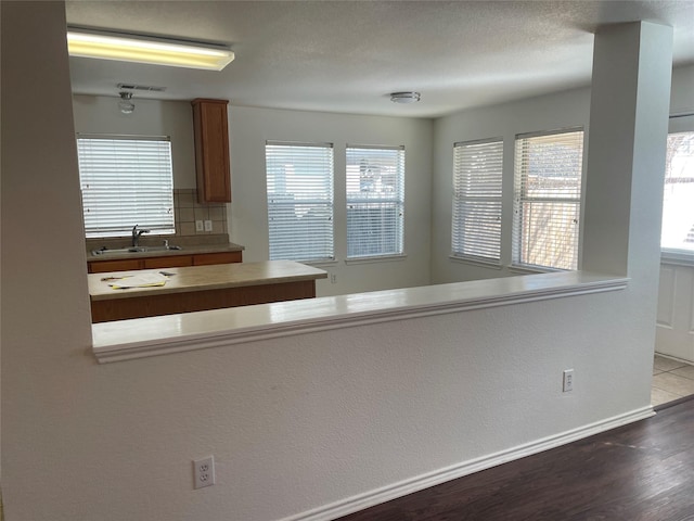 kitchen featuring wood finished floors, a sink, visible vents, baseboards, and backsplash