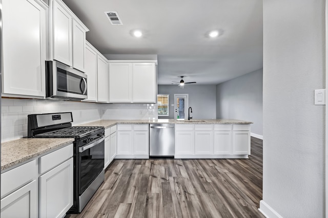 kitchen with wood finished floors, a sink, visible vents, appliances with stainless steel finishes, and tasteful backsplash