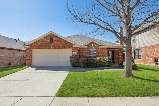 ranch-style home with driveway, a garage, a shingled roof, a front lawn, and brick siding