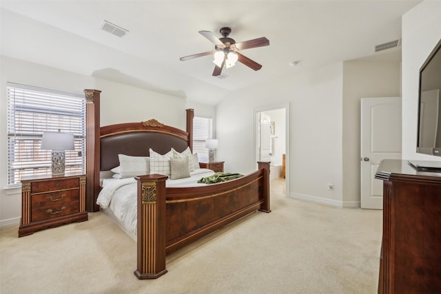 bedroom with visible vents, ceiling fan, light carpet, and baseboards