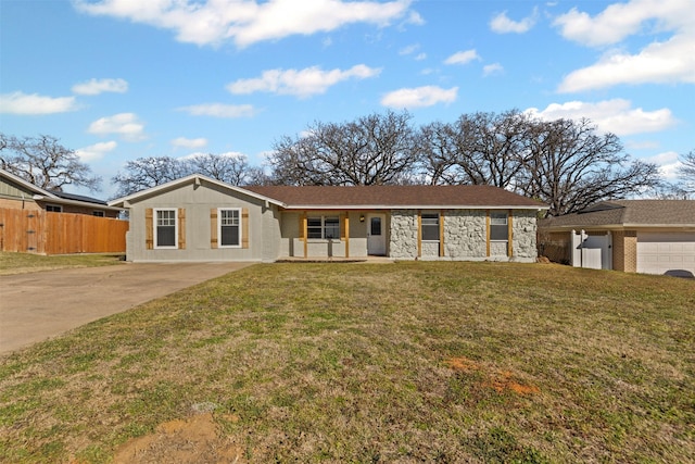 ranch-style house with a garage, a front yard, stone siding, and fence