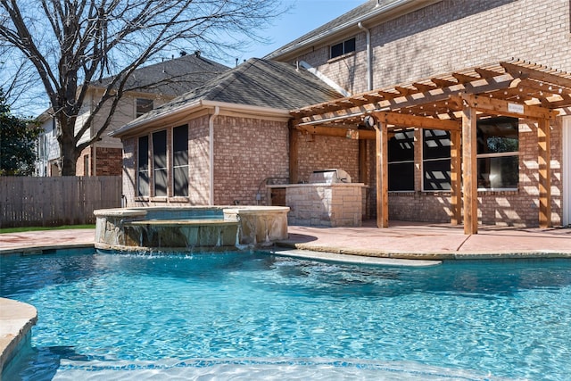 view of pool with fence, a pergola, exterior kitchen, and an in ground hot tub