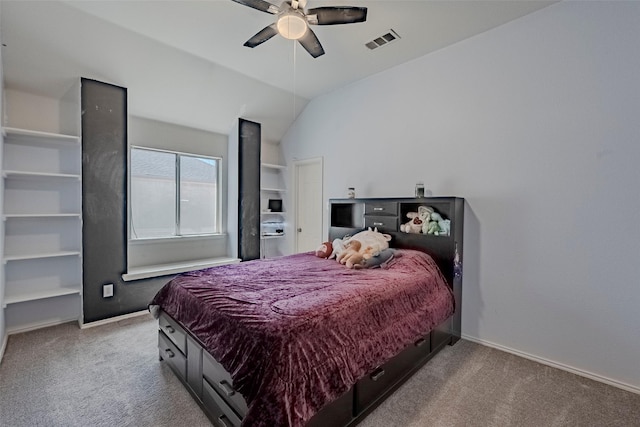 carpeted bedroom featuring lofted ceiling, baseboards, visible vents, and ceiling fan