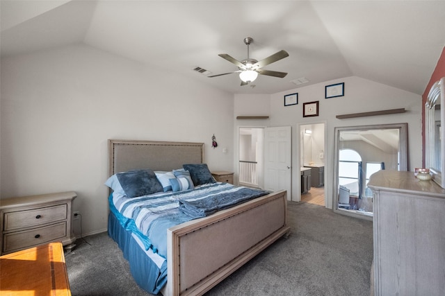 carpeted bedroom with a ceiling fan, lofted ceiling, and visible vents