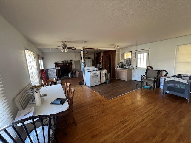 dining space with dark wood-type flooring, ceiling fan, and a textured ceiling