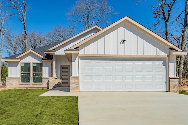 view of front facade with an attached garage, driveway, board and batten siding, and brick siding