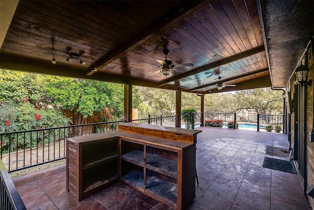 view of patio / terrace featuring a ceiling fan, a fenced in pool, and fence