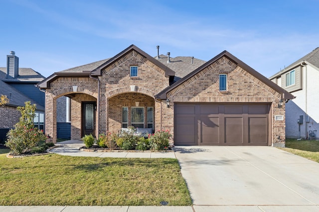 french country inspired facade with an attached garage, brick siding, concrete driveway, roof with shingles, and a front yard