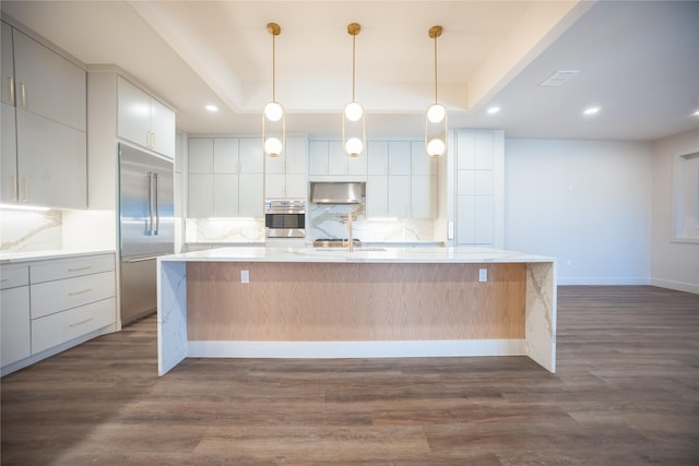 kitchen with appliances with stainless steel finishes, dark wood-type flooring, and a raised ceiling