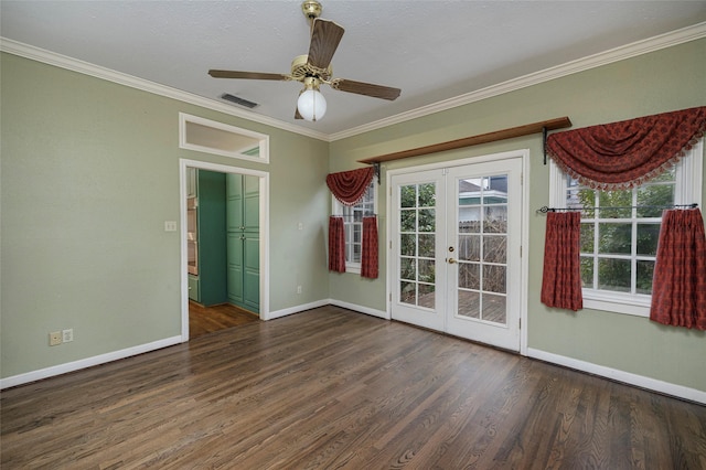 4705 El Campo Ave, Fort Worth, TX 76107 - spare room with wood finished floors, visible vents, baseboards, french doors, and crown molding