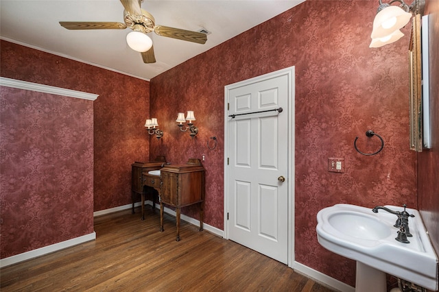 4705 El Campo Ave, Fort Worth, TX 76107 - bathroom with wallpapered walls, baseboards, ceiling fan, wood finished floors, and a sink