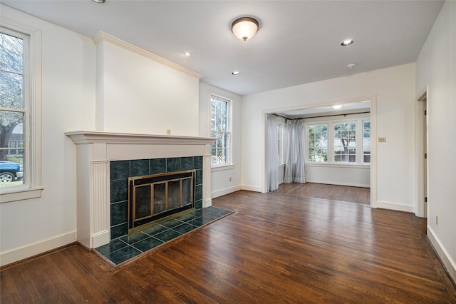 4705 El Campo Ave, Fort Worth, TX 76107 - unfurnished living room with a fireplace, baseboards, wood finished floors, and recessed lighting