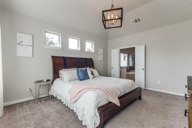 bedroom with baseboards, visible vents, vaulted ceiling, and carpet flooring