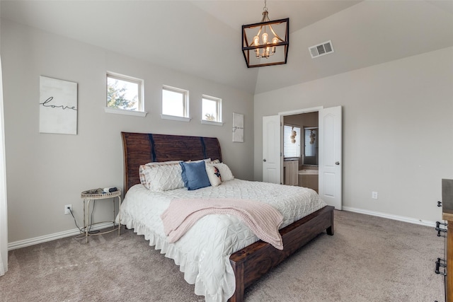 5705 Bender Ridge Dr, Mckinney, TX 75071 - carpeted bedroom with a chandelier, multiple windows, baseboards, and lofted ceiling