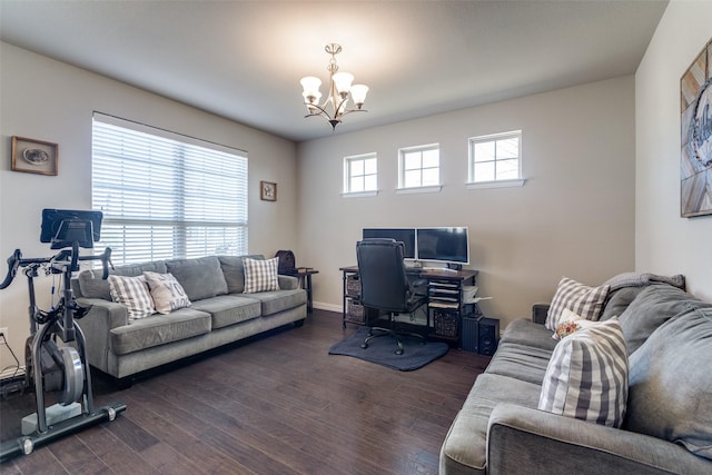 office space featuring dark wood-style floors and a chandelier