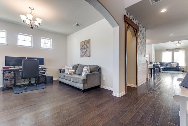 5705 Bender Ridge Dr, Mckinney, TX 75071 - office area featuring arched walkways, dark wood-type flooring, a chandelier, baseboards, and recessed lighting
