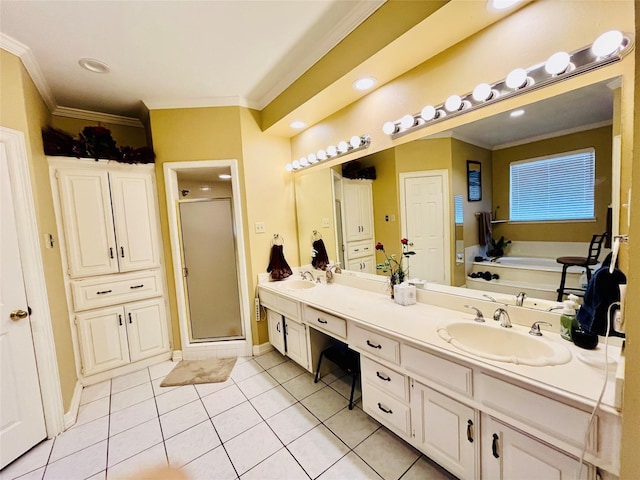 full bath with ornamental molding, a stall shower, a sink, and tile patterned floors