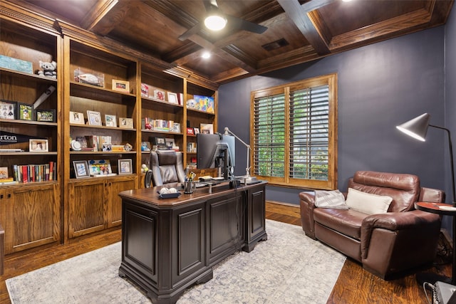 home office with ceiling fan, light wood-type flooring, coffered ceiling, and wooden ceiling