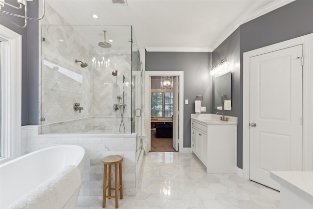 bathroom with a soaking tub, visible vents, ornamental molding, a shower stall, and vanity