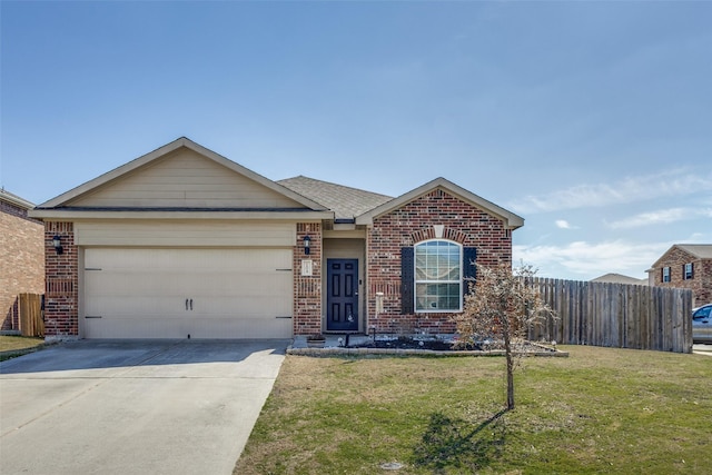 ranch-style home with driveway, an attached garage, fence, a front lawn, and brick siding