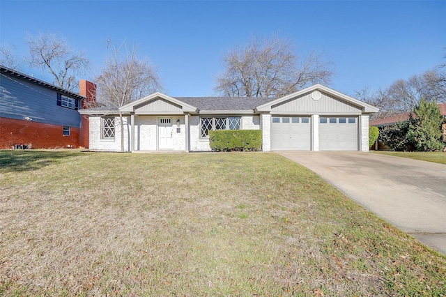 ranch-style house with an attached garage, driveway, brick siding, and a front yard