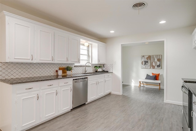 kitchen featuring white cabinets, dishwasher, backsplash, and a sink