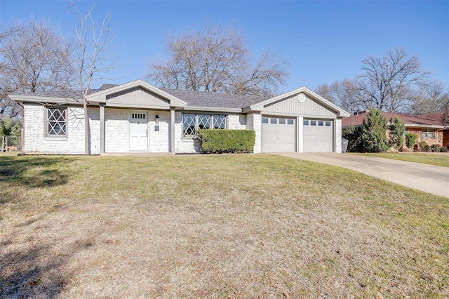 ranch-style house featuring an attached garage, driveway, brick siding, and a front yard