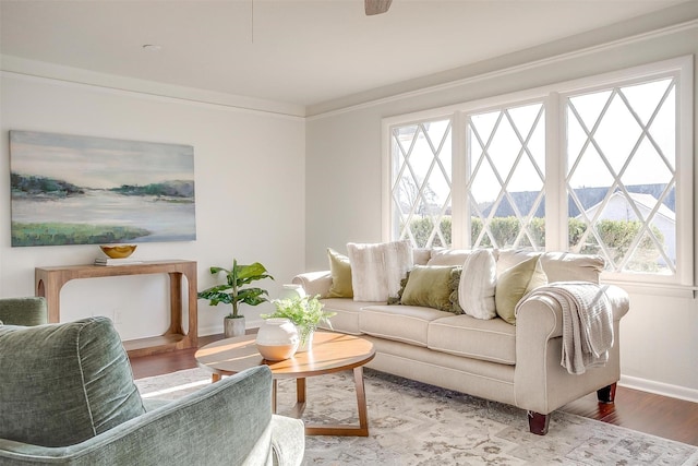 living area featuring baseboards, ornamental molding, and wood finished floors